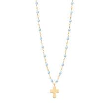 Gigi Clozeau - Collier bleu layette Croix Classique Gigi, or jaune, 42 cm
