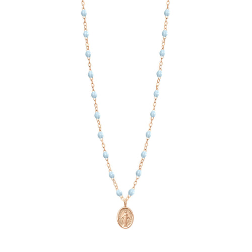 Gigi Clozeau - Collier bleu layette Madone, or rose, 42 cm