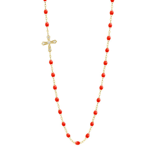 Gigi Clozeau - Collier corail croix vintage diamants, or jaune, 42 cm