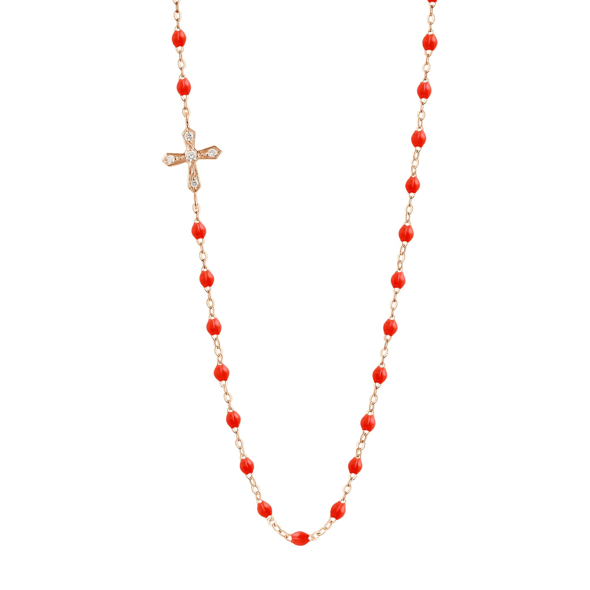 Gigi Clozeau - Collier corail croix vintage diamants, or rose, 42 cm