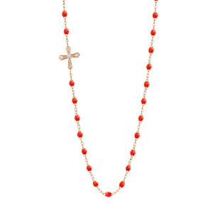 Gigi Clozeau - Collier corail croix vintage diamants, or rose, 42 cm