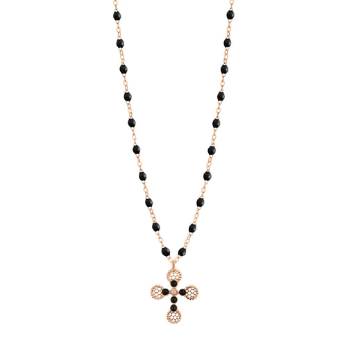 Gigi Clozeau - Collier Croix Dentelle Perlée résine noire, or rose, diamant, 42cm