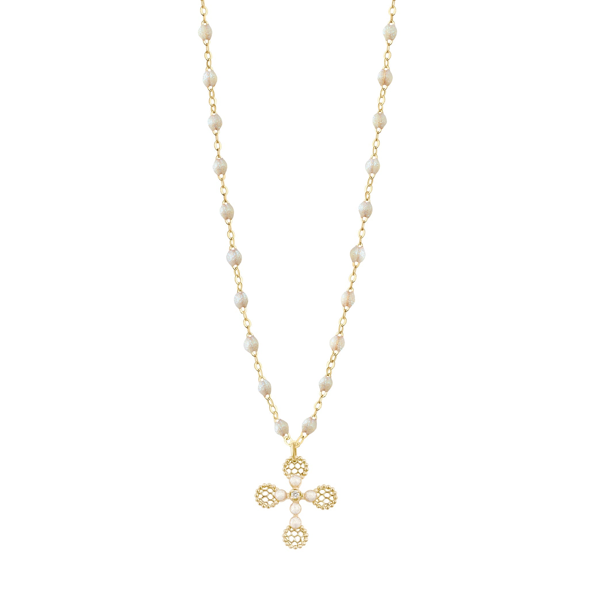 Gigi Clozeau - Collier Croix Dentelle Perlée résine opale, or jaune, diamant, 42cm