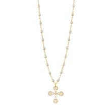 Gigi Clozeau - Collier Croix Dentelle Perlée résine opale, or jaune, diamant, 42cm