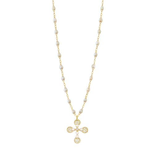 Gigi Clozeau - Collier Croix Dentelle Perlée résine opale, or jaune, diamant, 42cm