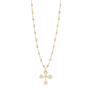 Gigi Clozeau - Collier Croix Dentelle Perlée résine opale, or jaune, diamant, 42cm