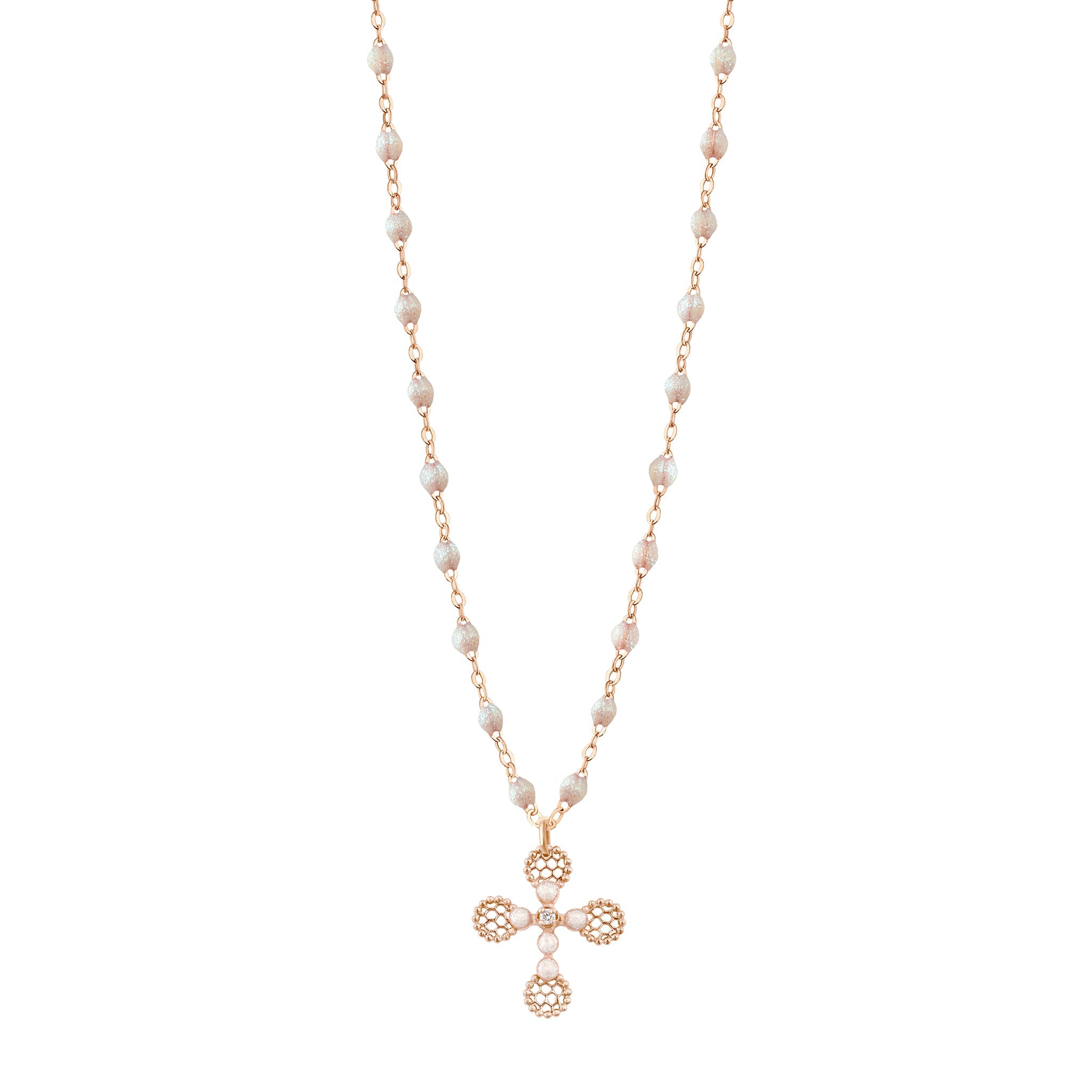 Gigi Clozeau - Collier Croix Dentelle Perlée résine opale, or rose, diamant, 42cm