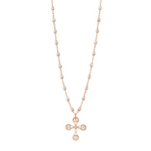 Gigi Clozeau - Collier Croix Dentelle Perlée résine opale, or rose, diamant, 42cm
