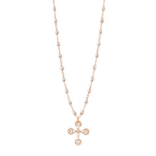 Gigi Clozeau - Collier Croix Dentelle Perlée résine opale, or rose, diamant, 42cm