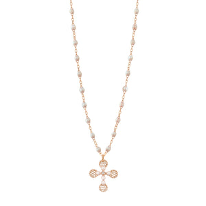 Gigi Clozeau - Collier Croix Dentelle Perlée résine opale, or rose, diamant, 42cm