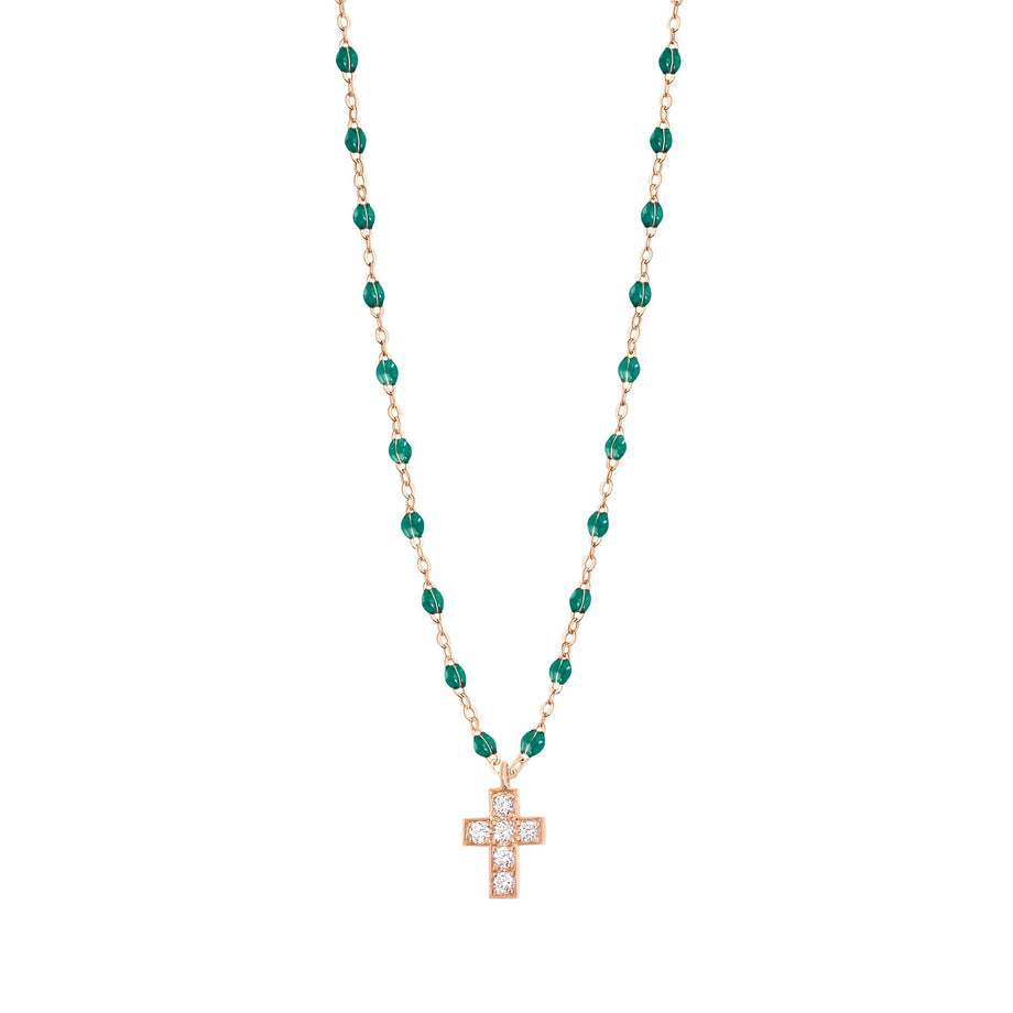 Gigi Clozeau - Collier émeraude Croix diamants, or rose, 42 cm