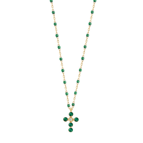 Gigi Clozeau - Collier émeraude Croix Perlée, or jaune, 1 diamant, 42 cm