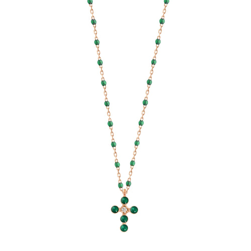 Gigi Clozeau - Collier émeraude Croix Perlée, or rose, 1 diamant, 42 cm