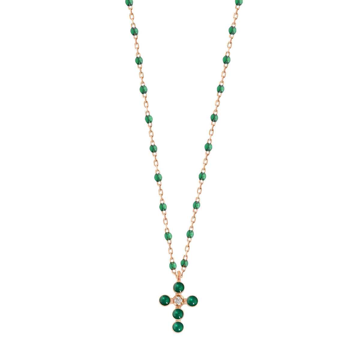 gigi clozeau Collier Mini émeraude Croix Perlée or rose 1 diamant 42 cm