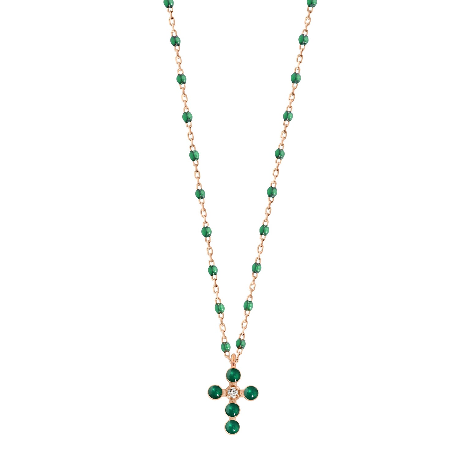 Pearled Cross Diamond Necklace Emerald Rose Gold 42 cm