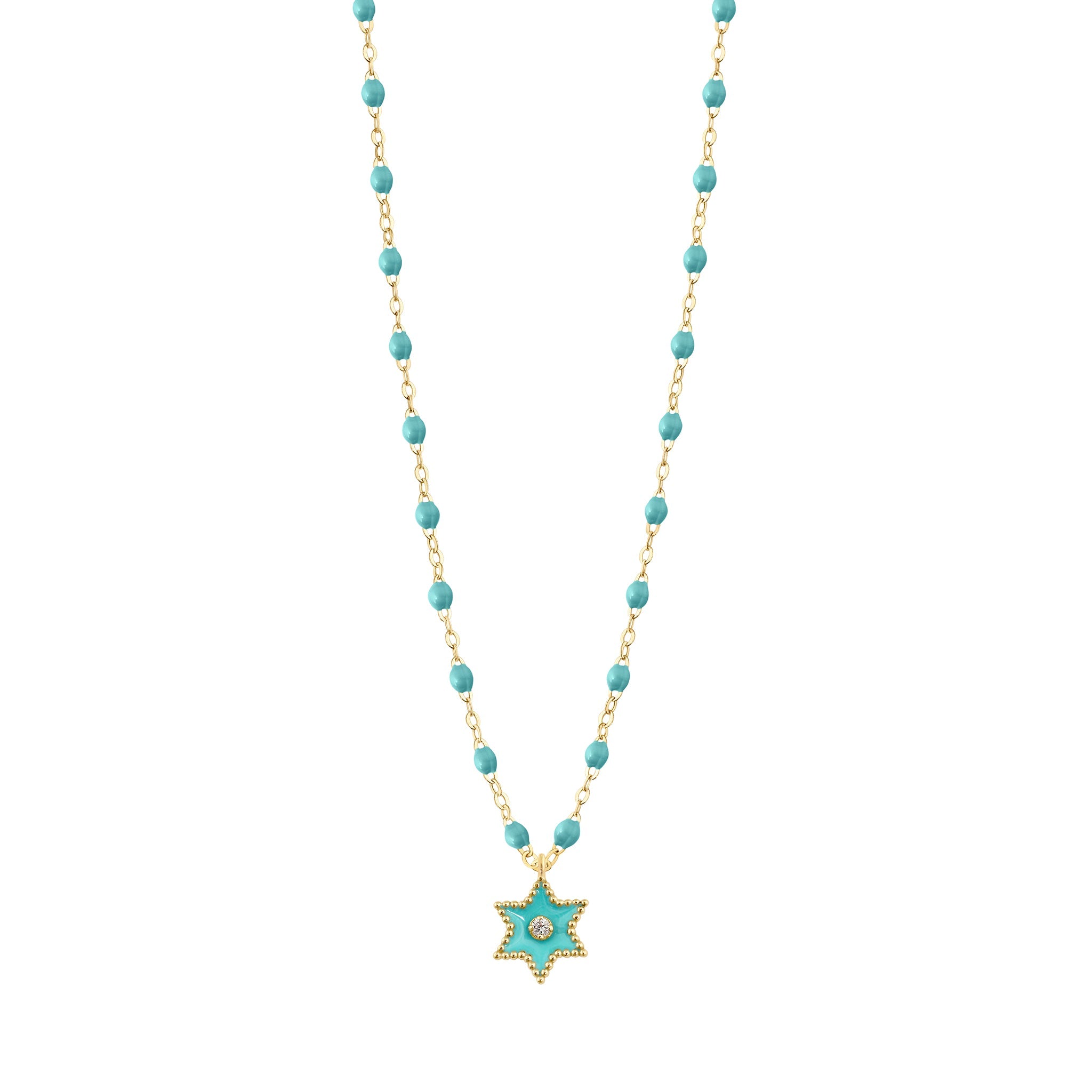 Gigi Clozeau - Collier Etoile Star résine turquoise vert, diamant, or jaune, 42 cm