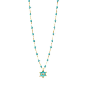 Gigi Clozeau - Collier Etoile Star résine turquoise vert, diamant, or jaune, 42 cm