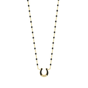 Gigi Clozeau - Collier Fer à cheval, or jaune, diamants et mini perles de résine noire, 42 cm