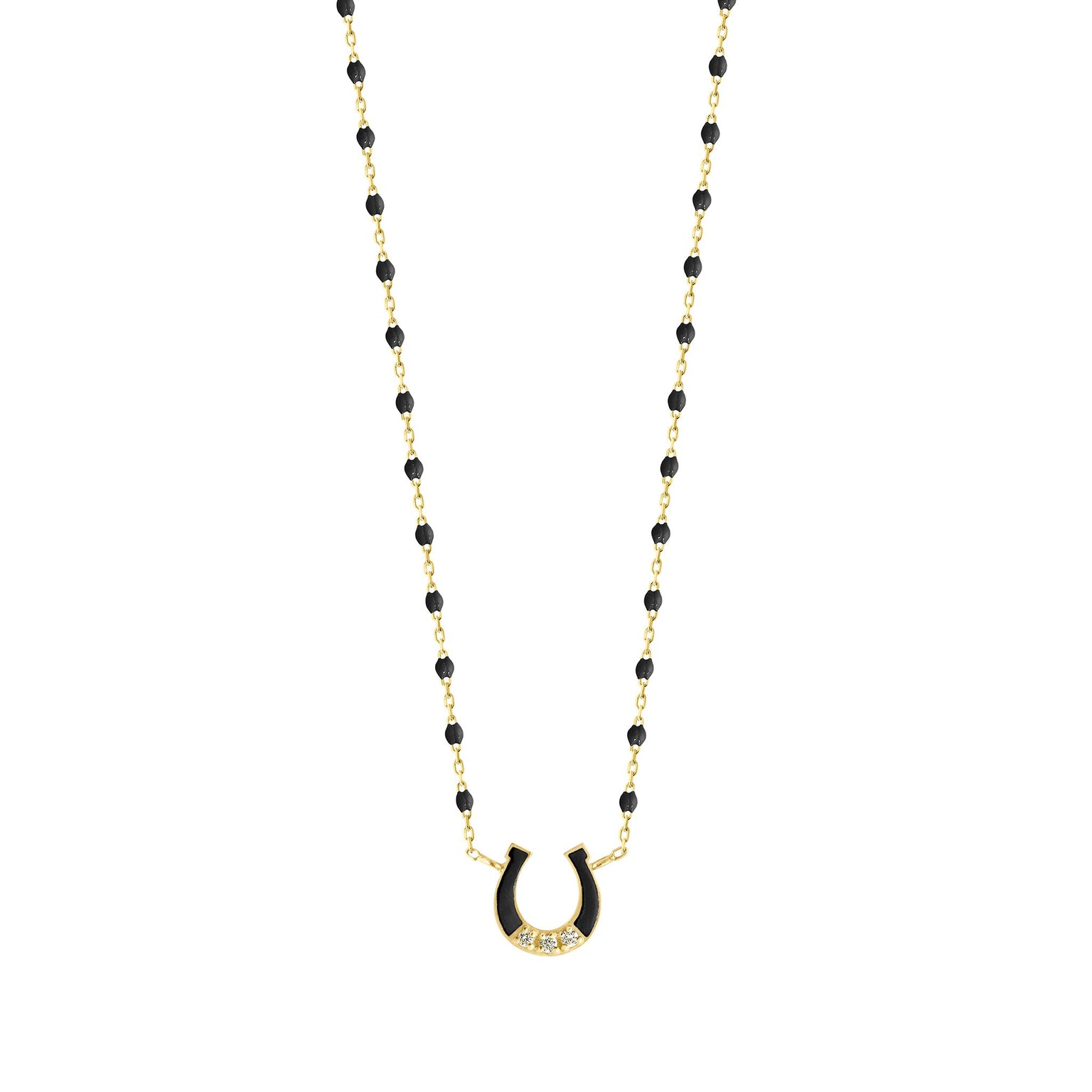 Gigi Clozeau - Collier Fer à cheval, or jaune, diamants et mini perles de résine noire, 42 cm
