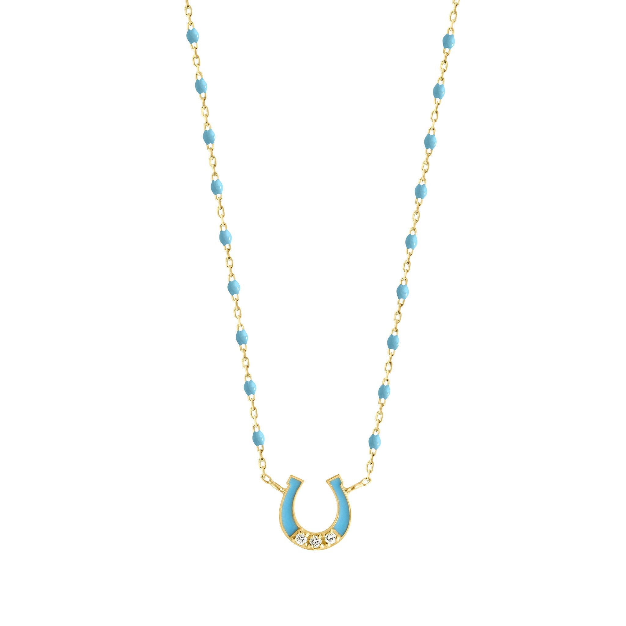 Gigi Clozeau - Collier Fer à cheval, or jaune, diamants et mini perles de résine turquoise, 42 cm