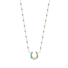 Gigi Clozeau - Collier Fer à cheval, or jaune, diamants et mini perles de résine turquoise, 42 cm