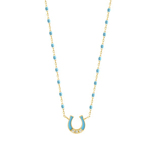 Gigi Clozeau - Collier Fer à cheval, or jaune, diamants et mini perles de résine turquoise, 42 cm