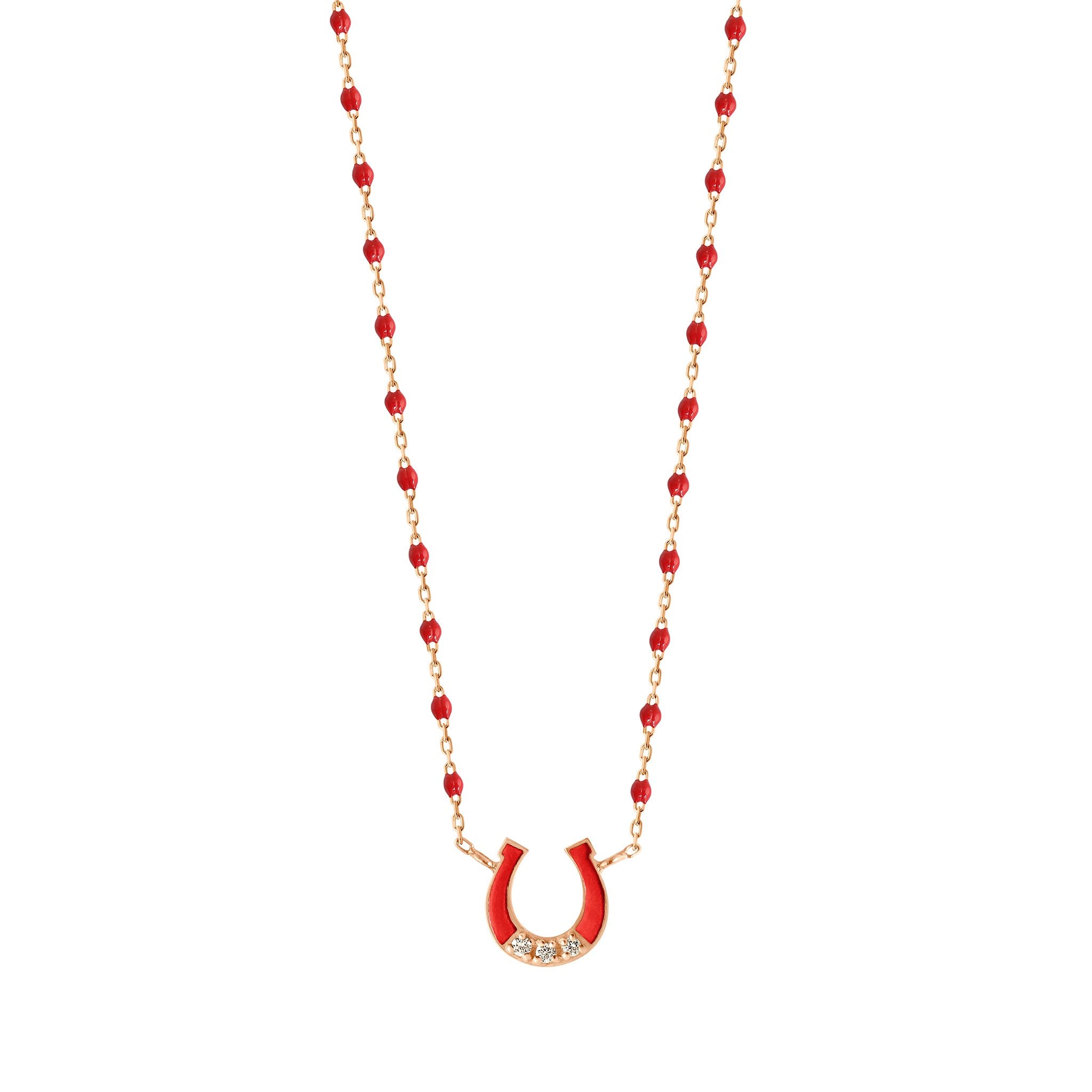 Gigi Clozeau - Collier Fer à cheval, or rose, diamants et mini perles de résine coquelicot, 42 cm