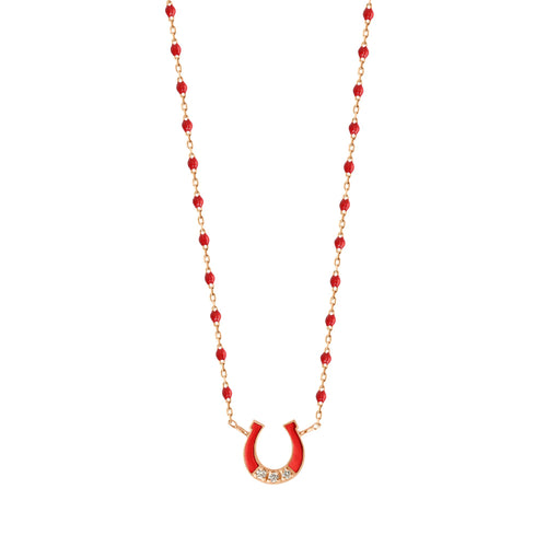 Gigi Clozeau - Collier Fer à cheval, or rose, diamants et mini perles de résine coquelicot, 42 cm