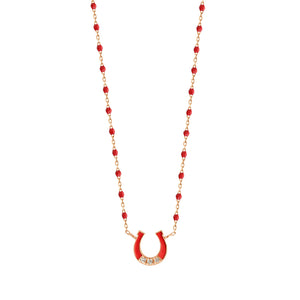 Gigi Clozeau - Collier Fer à cheval, or rose, diamants et mini perles de résine coquelicot, 42 cm