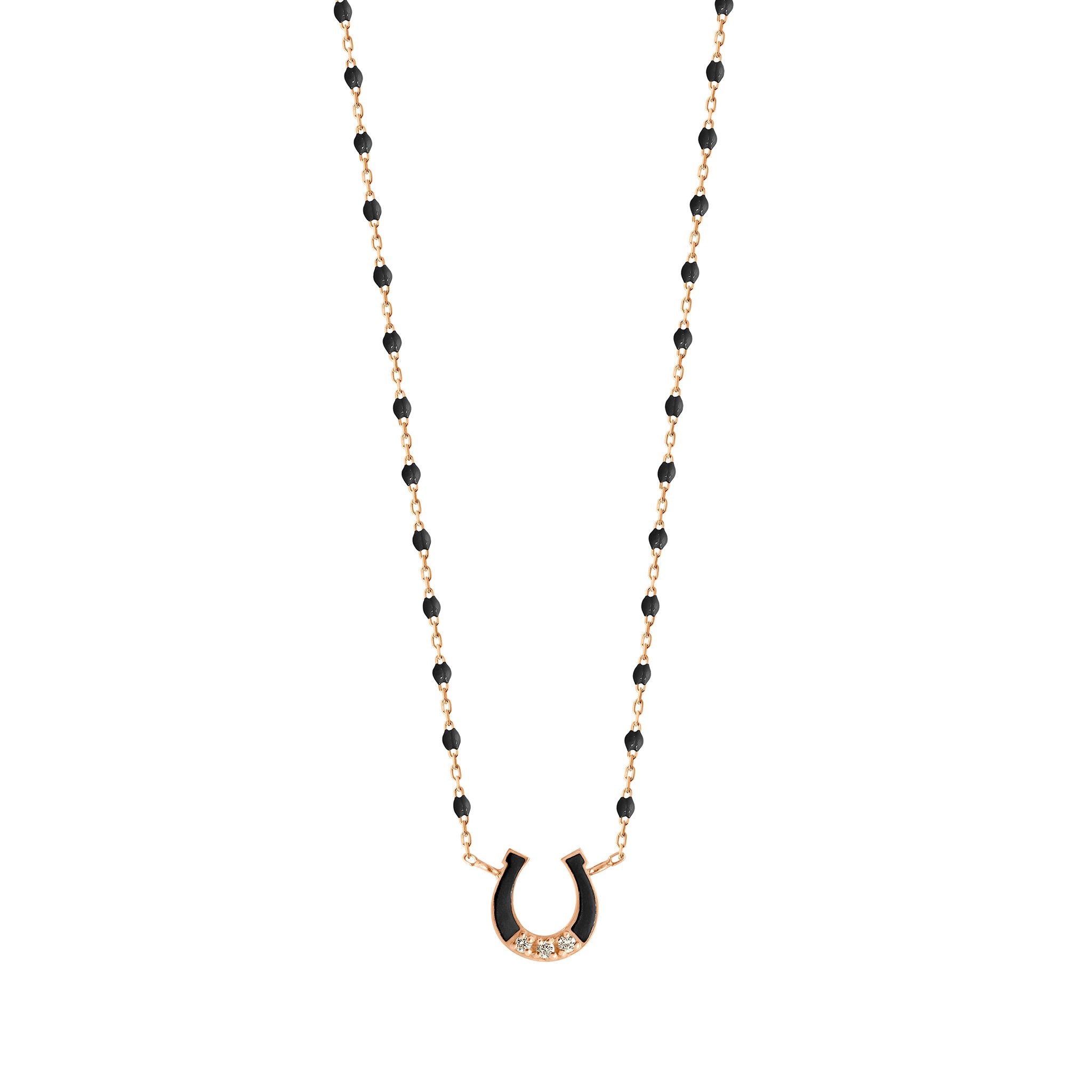 Gigi Clozeau - Collier Fer à cheval, or rose, diamants et mini perles de résine noire, 42 cm