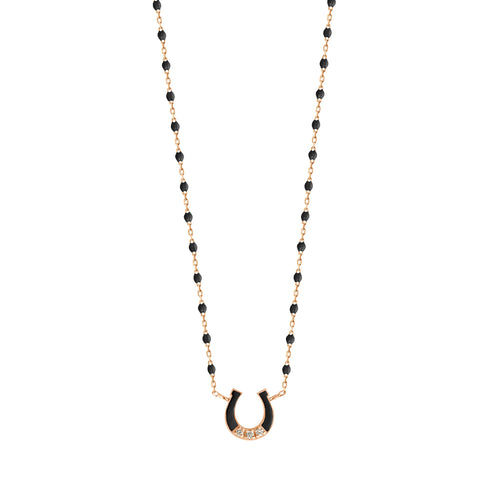 Gigi Clozeau - Collier Fer à cheval, or rose, diamants et mini perles de résine noire, 42 cm