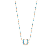 Gigi Clozeau - Collier Fer à cheval, or rose, diamants et mini perles de résine turquoise, 42 cm