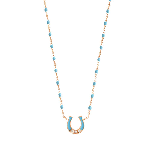 Gigi Clozeau - Collier Fer à cheval, or rose, diamants et mini perles de résine turquoise, 42 cm