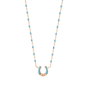 Gigi Clozeau - Collier Fer à cheval, or rose, diamants et mini perles de résine turquoise, 42 cm