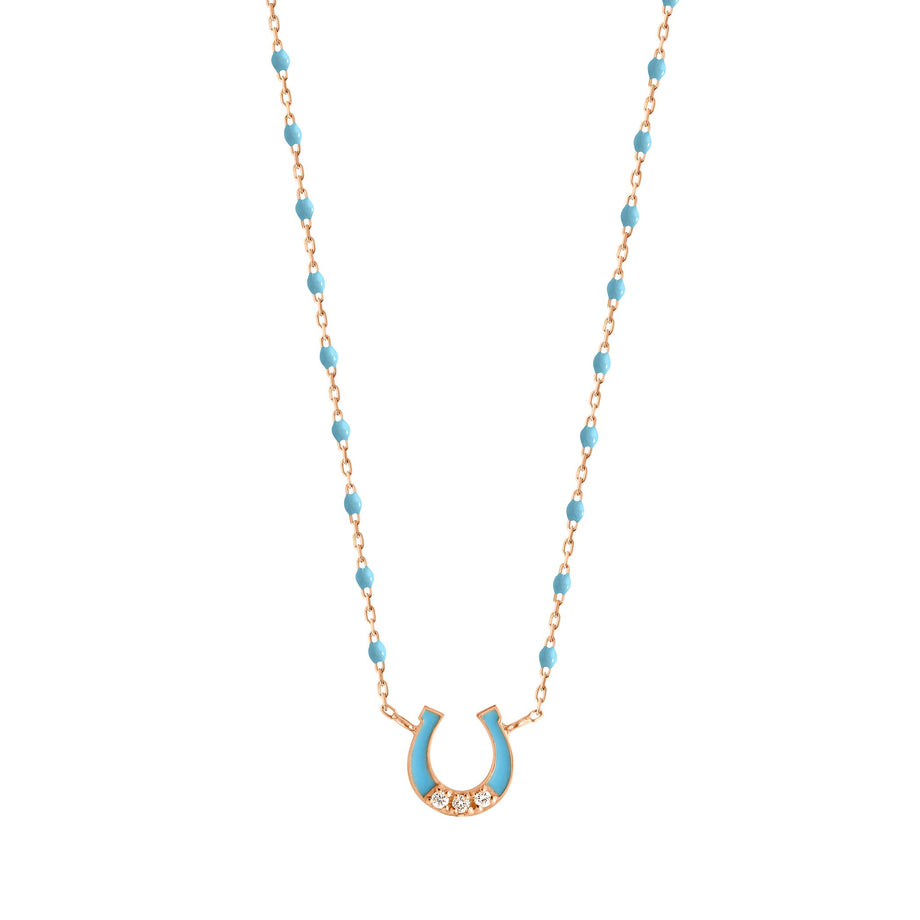 Gigi Clozeau - Collier Fer à cheval, or rose, diamants et mini perles de résine turquoise, 42 cm