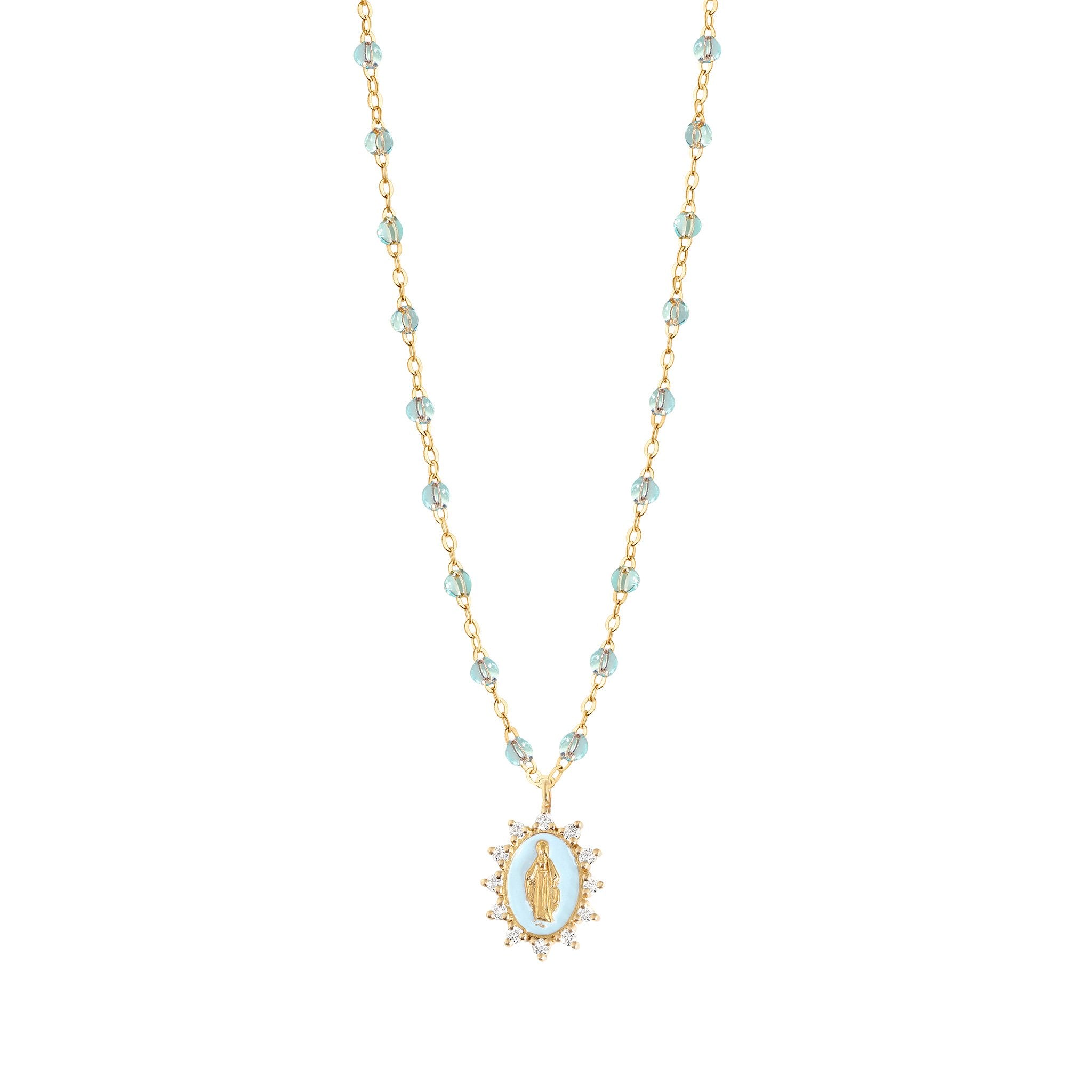 Gigi Clozeau - Collier Ice Petite Madone Suprême bleu layette, diamants, or jaune, 50 cm