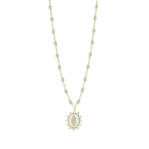 Gigi Clozeau - Collier Ice Petite Madone Suprême bleu layette, diamants, or jaune, 50 cm