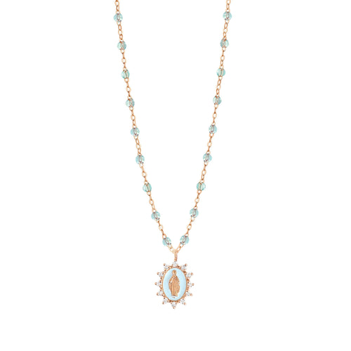 Gigi Clozeau - Collier Ice Petite Madone Suprême bleu layette, diamants, or rose, 50 cm