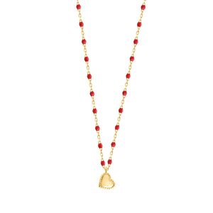 Gigi Clozeau - Collier Lucky Coeur, or jaune et mini perles de résine coquelicot, 40 cm