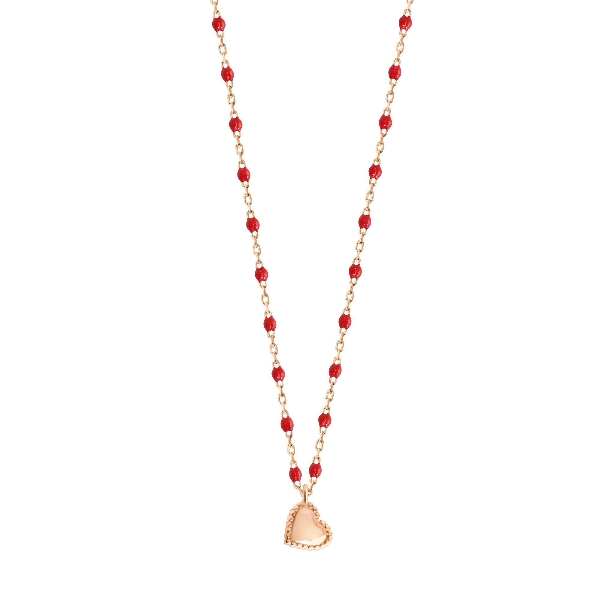 Gigi Clozeau - Collier Lucky Coeur, or rose et mini perles de résine coquelicot, 40 cm
