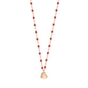 Gigi Clozeau - Collier Lucky Coeur, or rose et mini perles de résine coquelicot, 40 cm
