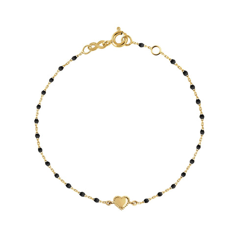 Gigi Clozeau - Bracelet Lucky Coeur, or jaune et mini perles de résine noire, 17 cm