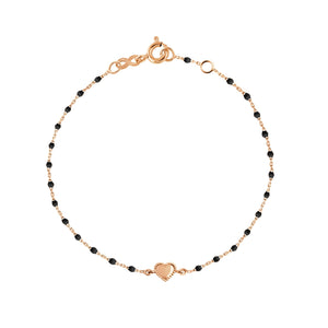 Gigi Clozeau - Bracelet Lucky Coeur, or rose et mini perles de résine noire, 17 cm
