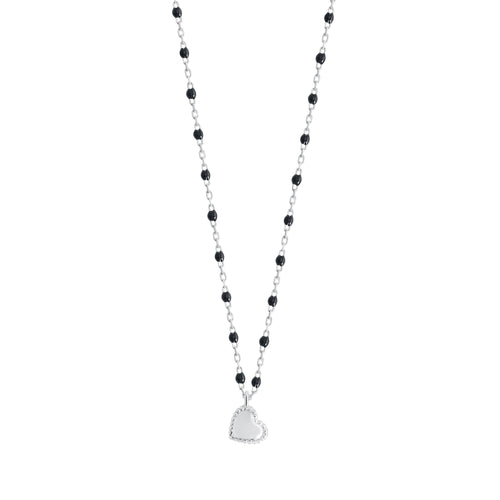 Gigi Clozeau - Collier Lucky Coeur, or blanc et mini perles de résine noire, 40 cm