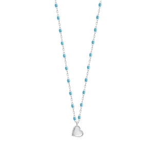 Gigi Clozeau - Collier Lucky Coeur, or blanc et mini perles de résine turquoise, 40 cm