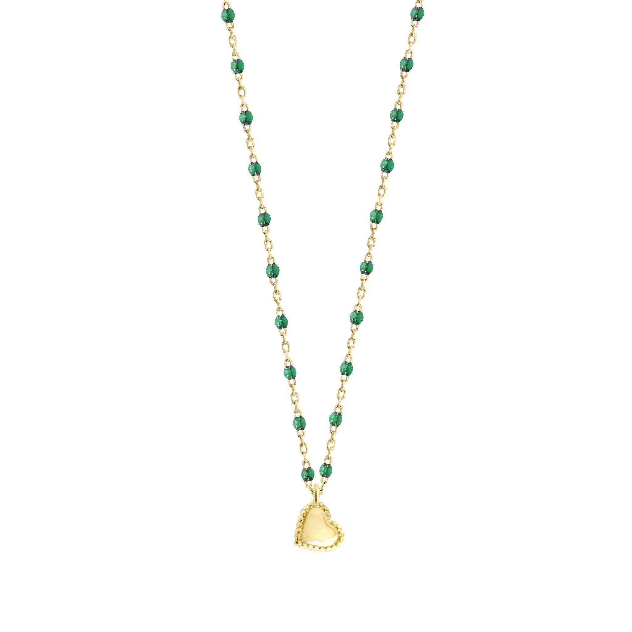 Gigi Clozeau - Collier Lucky Coeur, or jaune et mini perles de résine émeraude, 40 cm