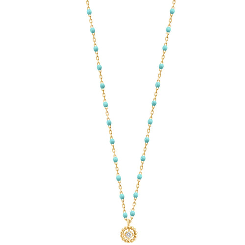 Gigi Clozeau - Collier Lucky Puce, diamant, or jaune et mini perles de résine turquoise verte, 42 cm