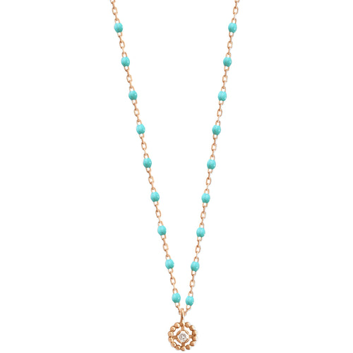 Gigi Clozeau - Collier Lucky Puce, diamant, or rose et mini perles de résine turquoise verte, 42 cm
