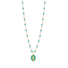 Gigi Clozeau - Collier Madone résine turquoise vert, or jaune, 42 cm