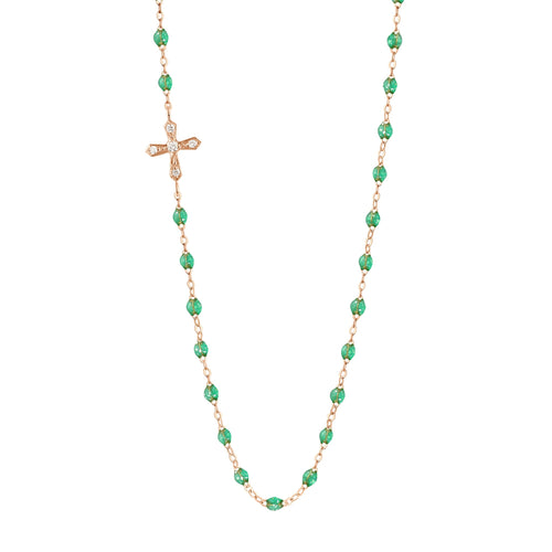 Gigi Clozeau - Collier menthe Croix Vintage diamants, or rose, 42 cm